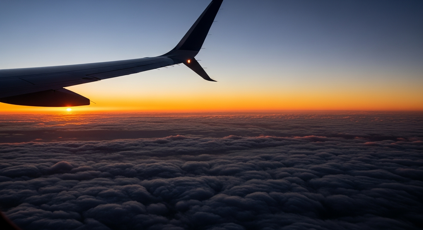 Asa de avião ao entardecer, símbolo da cobertura nacional da Hangar Promo